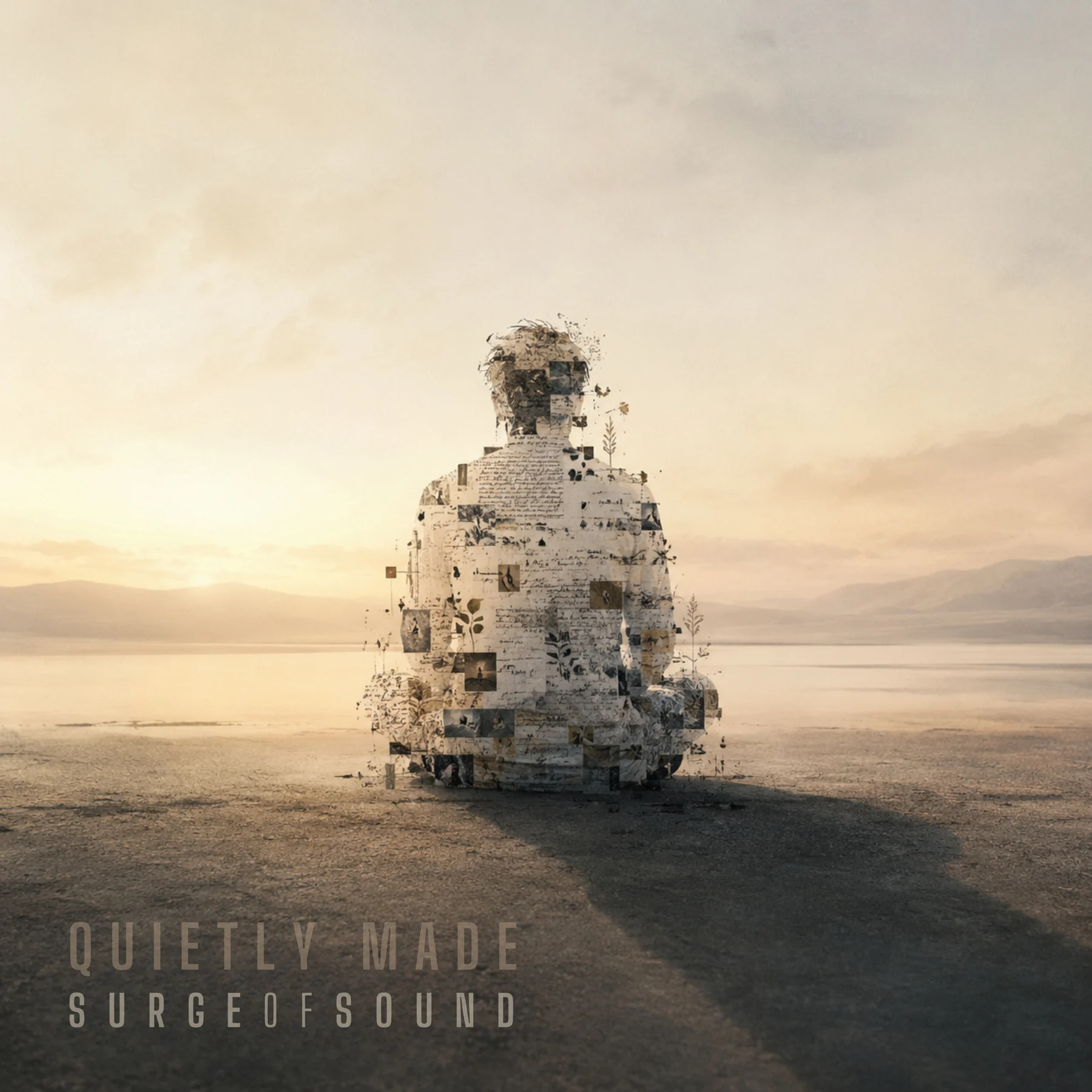 Quietly Made EP cover: a seated human figure assembled from handwritten pages and botanical fragments in a quiet desert landscape.