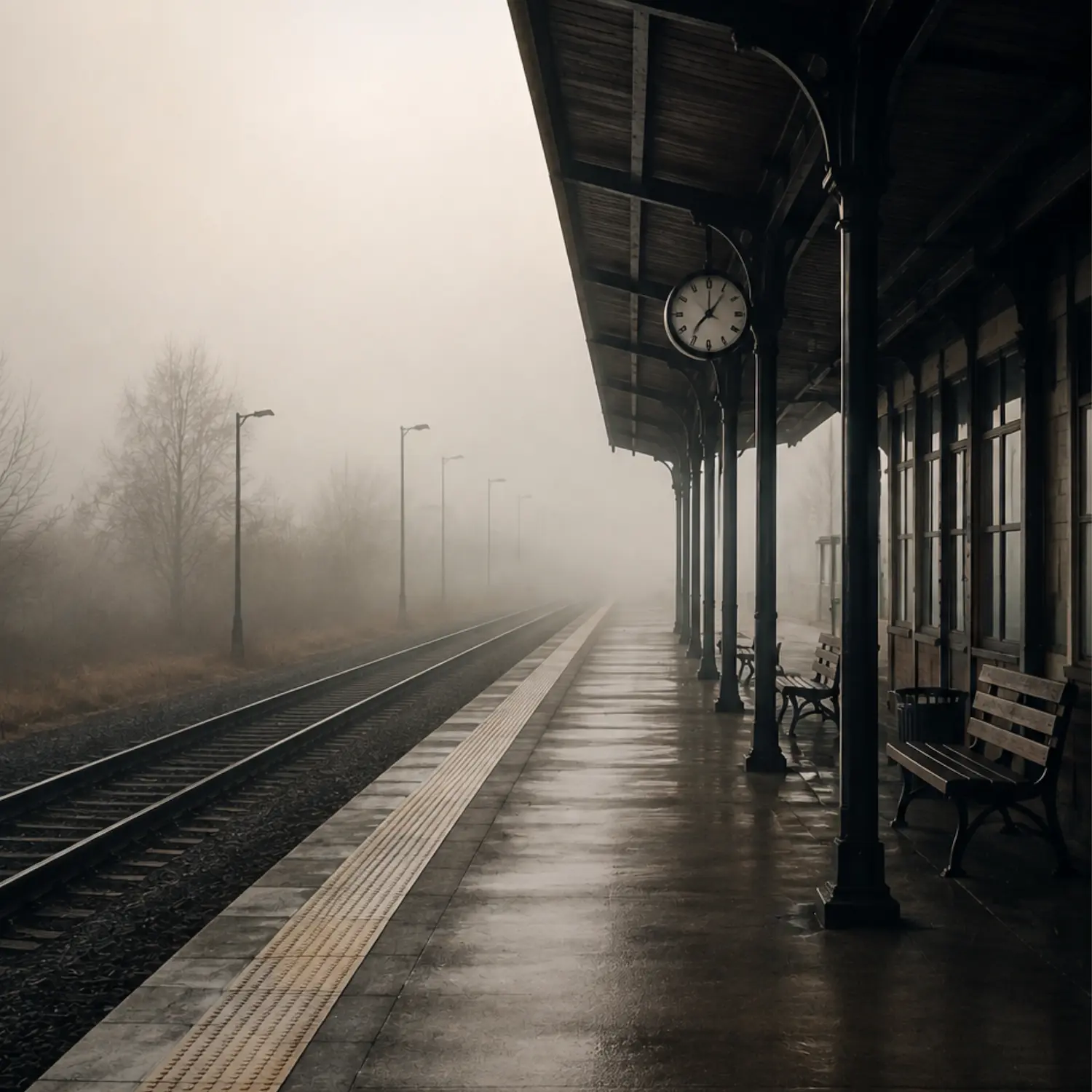 An empty railway platform and tracks disappearing into the morning fog.